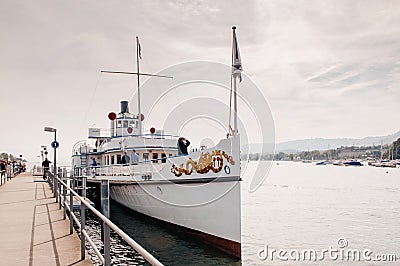 Vintage ferry ship in Lake Zurich for sightseeing tour Editorial Stock Photo