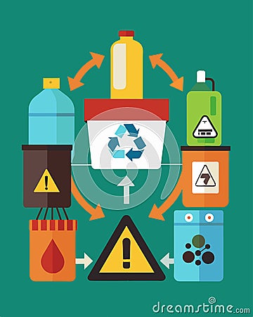 In a separate area workers handle hazardous waste ensuring it is properly disposed of and not mixed with recyclables Vector Illustration