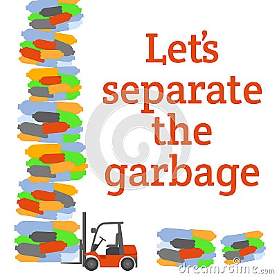 A square image of a loader car with blocks of plastic bottles. Garbage separate Vector Illustration