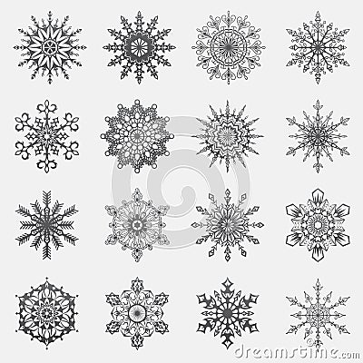 Separate Snowflakes Doodles icon black Vector Rustic christmas clipart new year snow crystal illustration in flat style Cartoon Illustration