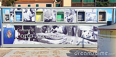 Separate trash cans with a photo of local residents of the city of Porto Azuro. Editorial Stock Photo