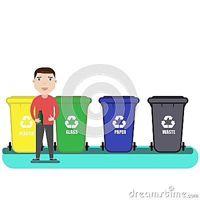 Separate waste collection. man is standing near garbage cans with bottle in hand. Sorting of garbage in garbage containers Vector Illustration