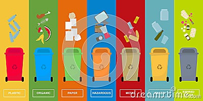 Separating trash. Different dustbins with various kinds of sorted garbage on color background, creative illustration Cartoon Illustration