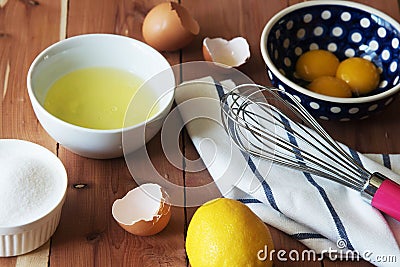 Separation the yolk of egg in little bowl and and preparation for the whisking of egg whites and yolks Stock Photo