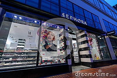 Sephora make up and perfume store at night in downtown Portland Editorial Stock Photo