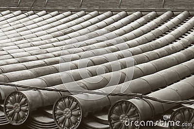 Texture of ancient surface of traditional korean tiled rooftop with details. Stock Photo