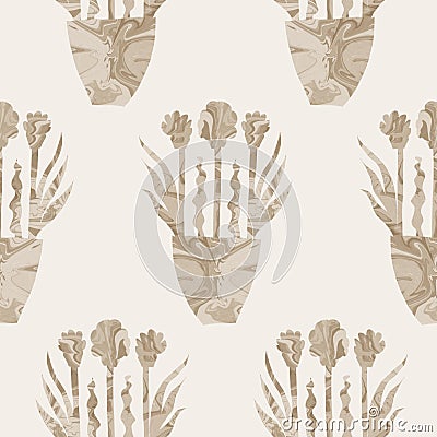 Sepia brown marble floral seamless pattern. Subtle 2 tone flower bloom in simple textured matisse paper cut style. All Stock Photo