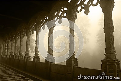 Portugal - Bussaco Palace Arched Gallery, Tracery Design, Foggy Day - Sepia Image Stock Photo