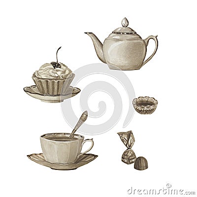 Sepia color tea set isolated on white. Porcelain teapot, cup, sweets. Cartoon Illustration