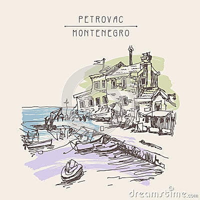 Sepia ink sketch drawing of ancient fort in Petrovac Montenegro Vector Illustration