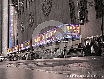 Sepia New York With a Festive Neon Radio City Music Hall Editorial Stock Photo
