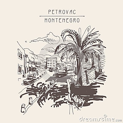 Sepia sketch drawing of Petrovac Montenegro street with palm Vector Illustration