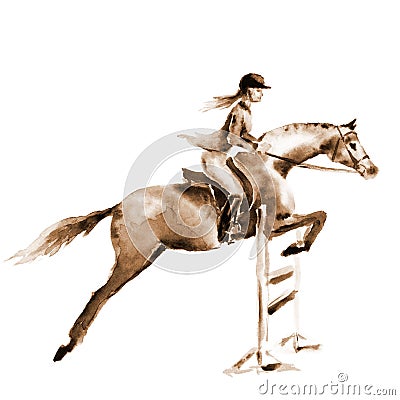 Sepia watercolor rider girl and horse, jumping a hurdle on white. Cartoon Illustration