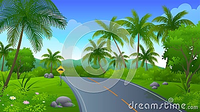 Asphalt road going through the hill of coconut plantation with forest, trees and mountain Cartoon Illustration