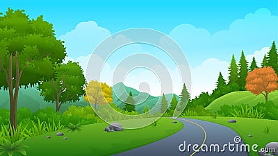 Empty Asphalt road going through the hill with beautiful nature landscape, trees and mountain Cartoon Illustration