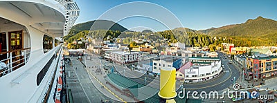 Sept 17, 2018 - Ketchikan, AK: Elevated view, cruise ship docks, from The Volendam at sunset. Editorial Stock Photo