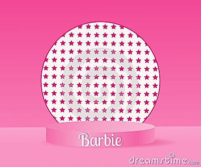 September 2023. Barbie doll. Barbie inscription. Pink podium for barbie doll on a pink background. Editorial. Vector Vector Illustration