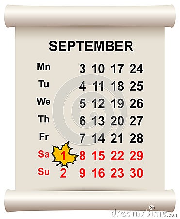 September 1 beginning of autumn. Maple leaf on calendar Vector Illustration