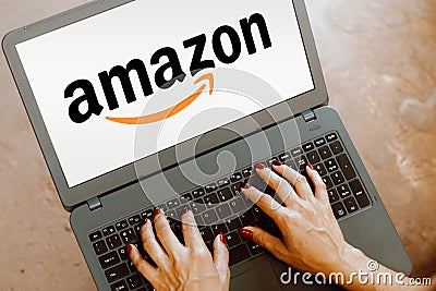 September 26, 2023, Brazil. In this photo illustration, the Amazon logo is displayed on a notebook screen Cartoon Illustration