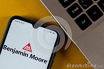 September 23, 2020, Brazil. In this photo illustration the Benjamin Moore logo seen displayed on a smartphone Cartoon Illustration