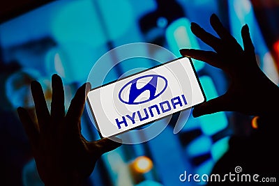 September 5, 2023, Brazil. In this photo illustration, the Hyundai logo is displayed on a smartphone screen Cartoon Illustration