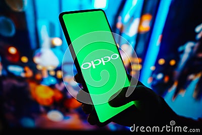 September 20, 2022, Brazil. In this photo illustration, the Oppo logo seen displayed on a smartphone Cartoon Illustration