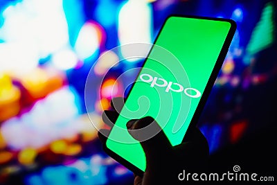 September 20, 2022, Brazil. In this photo illustration, the Oppo logo seen displayed on a smartphone Cartoon Illustration