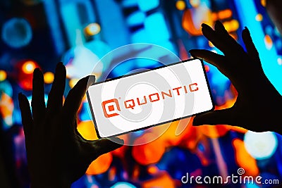September 26, 2023, Brazil. In this photo illustration, the Quontic Bank logo is displayed on a smartphone screen Cartoon Illustration