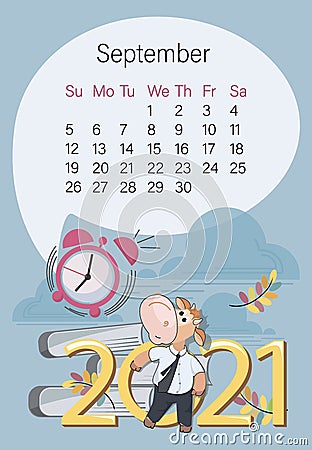 September 2021. Bullish calendar. Autumn month. Business bull with books. Year of the Ox. Vector Illustration