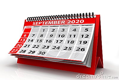 September 2020 Calendar Isolated on White Background. 3D Illustration Stock Photo