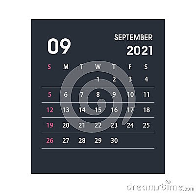 September 2021 Calendar Leaf Vector Illustration