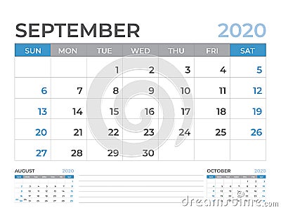 September 2020 Calendar template, Desk calendar layout Size 8 x 6 inch, planner design, week starts on sunday, stationery design Vector Illustration