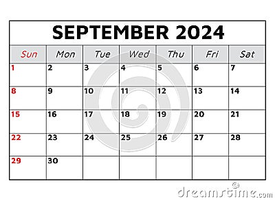 September 2024 calendar. Vector illustration Vector Illustration