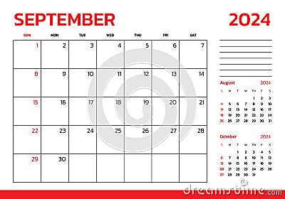 September 2024 Calendar. Week start on Sunday. Desk calendar 2024 design, simple and clean design, Wall calendar for print, Vector Illustration