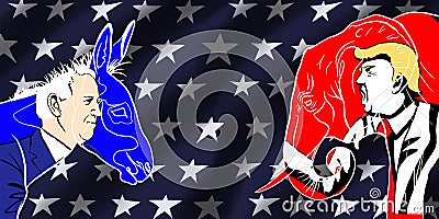 September 17, 2020: Donald Trump vs. Joe Biden, presidential candidates. Democrats versus Republicans. illustration of a red eleph Cartoon Illustration