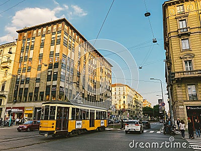 September 25, 2019 Italy. Milan. The yellow retro old tram of Milan in mint condition, still operates. Famous vintage Editorial Stock Photo