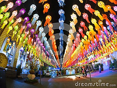 29 September 2020, Lamphun, Thailand: Hundred Thousand Lanterns Festival at Wat Phra That Hariphunchai pagoda, Thai Lanna style Editorial Stock Photo