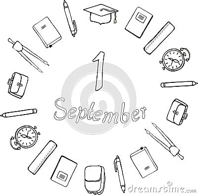 1 September. Logo. Black and white. School supplies, square academic cap, alarm clocks, briefcases and satchels around the inscrip Stock Photo