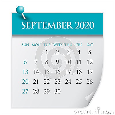 September 2020 monthly calendar vector illustration Vector Illustration