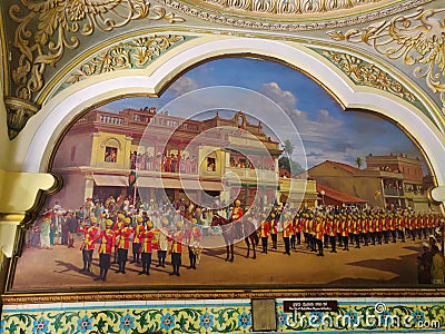 September 8, 2019- Mysore, India: A painting of soldiers on the walls of Mysore Royal Palace in Mysore, India Editorial Stock Photo