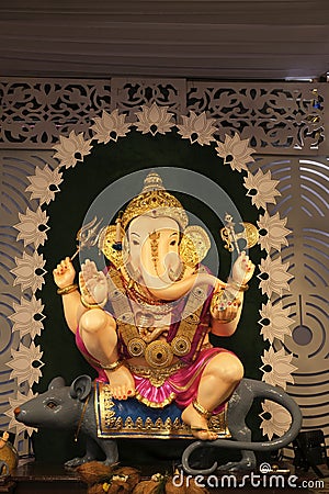 01 September 2022, Pune, Maharashtra, India, Beautiful idol of Lord Ganesh installed by Guruji Talim Ganpati during Ganesh Editorial Stock Photo