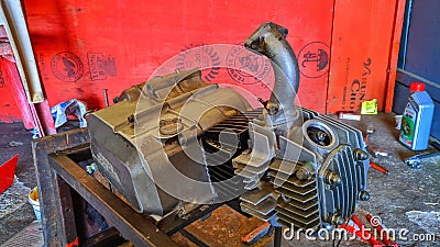 28 September 2020 : Reengus, Jaipur, India : Engine of Hero honda splendor motorcycle. Engine repairing in a two wheeler workshop Editorial Stock Photo