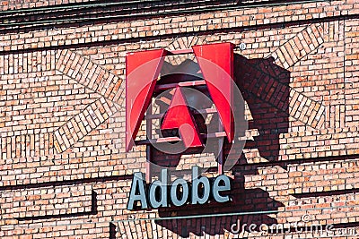 September 20, 2019 San Francisco / CA / USA - Close up of Adobe sign at their corporate headquarters in San Francisco Editorial Stock Photo