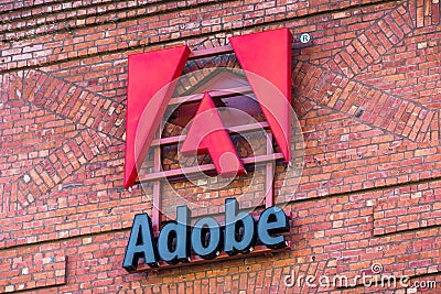 September 20, 2019 San Francisco / CA / USA - Close up of Adobe sign at their corporate headquarters in San Francisco Editorial Stock Photo