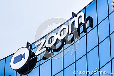 September 3, 2019 San Jose / CA / USA - Close up of Zoom sign at their HQ in Silicon Valley; Zoom Video Communications is a Editorial Stock Photo