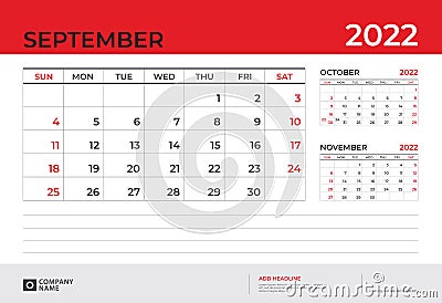 Desk Calendar 2022 design, September 2022 template, week start on sunday, Planner design, Wall calendar 2022 layout Vector Illustration