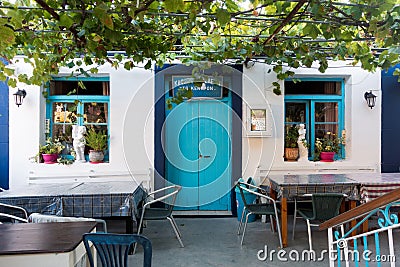 September 13th 2022 - Mathraki, Greece - Traditional cafeteria-tavern-grocery store in the village of Mathraki island, Greece Editorial Stock Photo