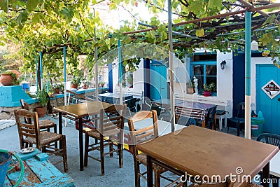 September 13th 2022 - Mathraki, Greece - Traditional cafeteria-tavern-grocery store in the village of Mathraki island, Greece Editorial Stock Photo