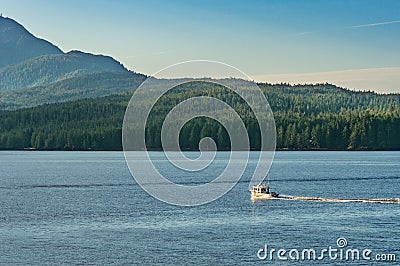 September 17, 2018 - Tongass Narrows, AK: Aluminum fishing boat, early morning near Gravina Island, North of Ketchikan. Editorial Stock Photo