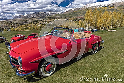 Vintage Red Mercedes at Telluride Car Show in Autumn with snow c Editorial Stock Photo